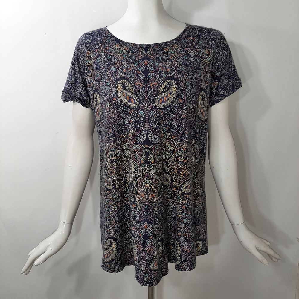 3/$18 Plus 1X Tunic Lucky Brand Stretch Blue Purple Fold Cuff Sleeve Back Slit